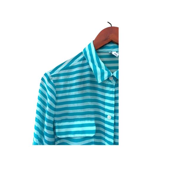 Old Navy Teal Striped Sheer Button-Down Size M Shirt Long Sleeve - Picture 3 of 12